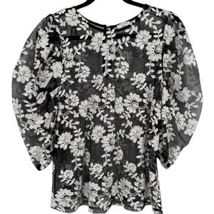 Wicked Majesty Women's Black White Floral Lace Puff Sleeve Sheer Top Size Large